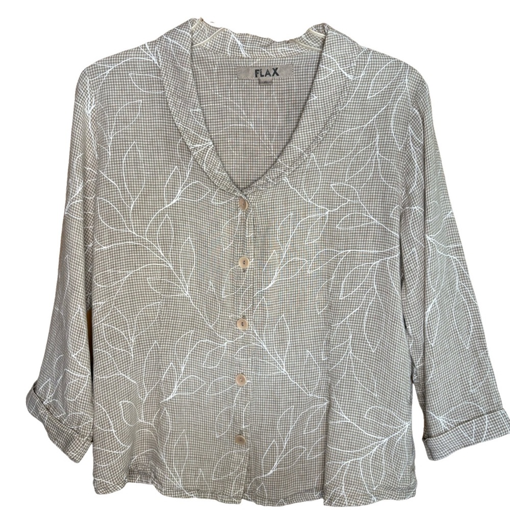 Flax Light Taupe Button-Down Shirt with White Leaf Print